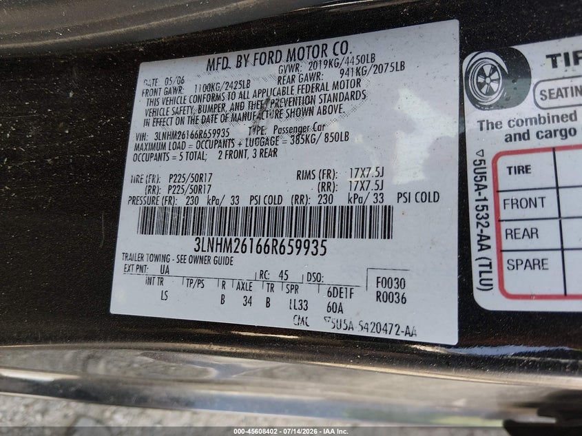 2006 Lincoln Zephyr VIN: 3LNHM26166R659935 Lot: 45608402