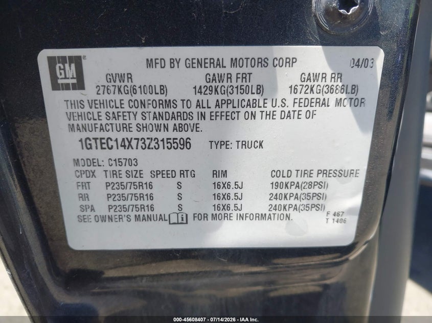 2003 GMC Sierra 1500 VIN: 1GTEC14X73Z315596 Lot: 45608407