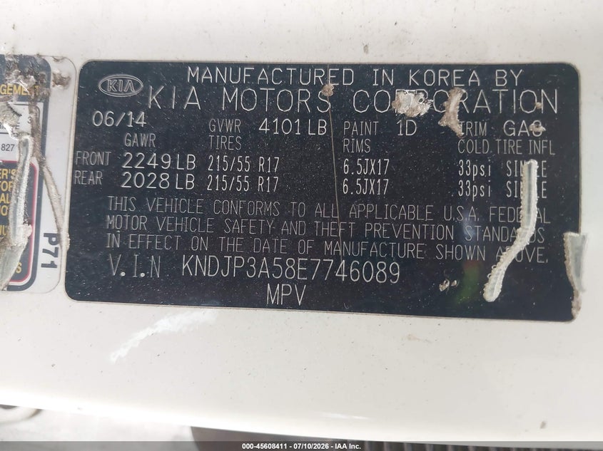 2014 Kia Soul + VIN: KNDJP3A58E7746089 Lot: 45608411