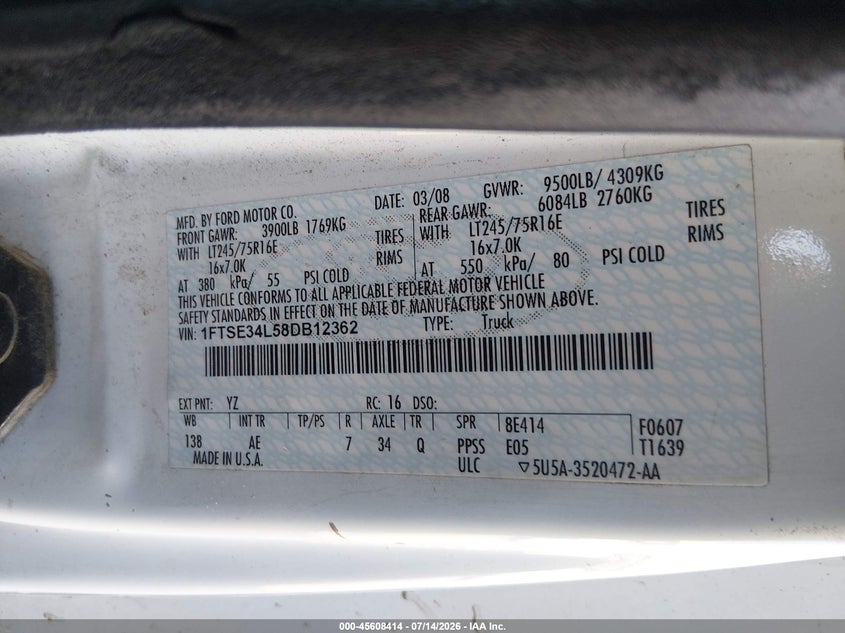 2008 Ford E-350 Super Duty Commercial/Recreational VIN: 1FTSE34L58DB12362 Lot: 45608414
