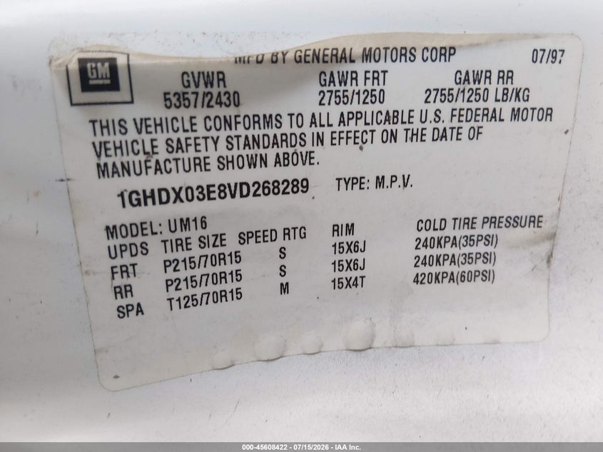 1997 Oldsmobile Silhouette Gl VIN: 1GHDX03E8VD268289 Lot: 45608422