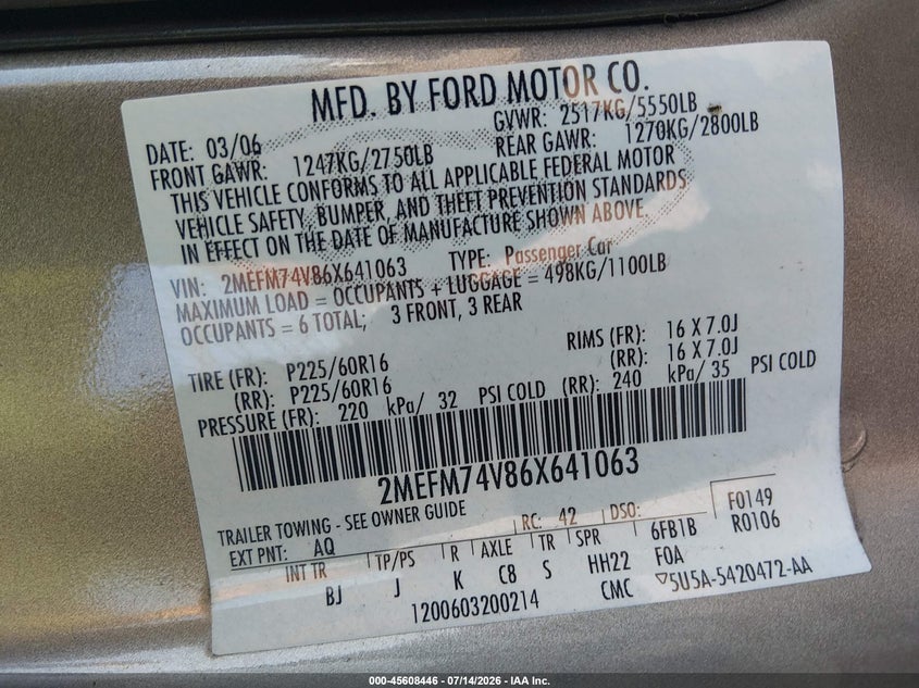 2006 Mercury Grand Marquis Gs VIN: 2MEFM74V86X641063 Lot: 45608446