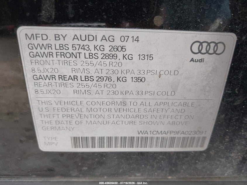 2015 Audi Q5 3.0 Tdi Premium Plus VIN: WA1CMAFP9FA023091 Lot: 45608450