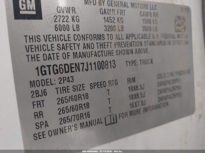2018 GMC Canyon Slt VIN: 1GTG6DEN7J1100813 Lot: 45608460