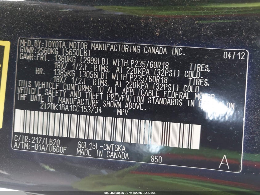 LEXUS RX 350 2012 VIN 2T2BK1BA1CC153734