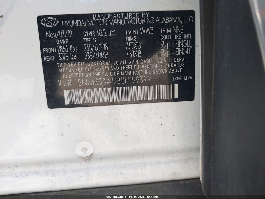 2020 Hyundai Santa Fe Sel VIN: 5NMS33AD8LH199399 Lot: 45608518