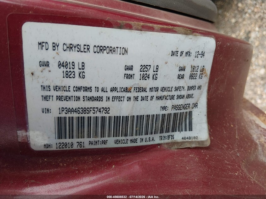 1995 Plymouth Acclaim VIN: 1P3AA4638SF574792 Lot: 45608532