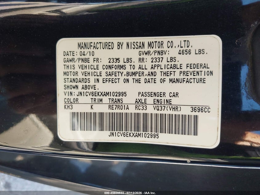 2010 Infiniti G37 Journey VIN: JN1CV6EKXAM102995 Lot: 45608533