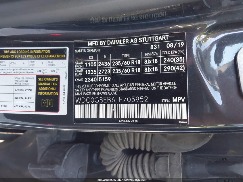 2020 Mercedes-Benz Glc 300 4Matic VIN: WDC0G8EB6LF705952 Lot: 45608535