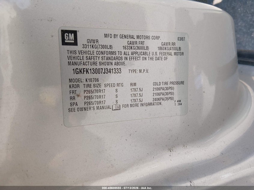 2007 GMC Yukon Sle VIN: 1GKFK13007J341333 Lot: 45608555