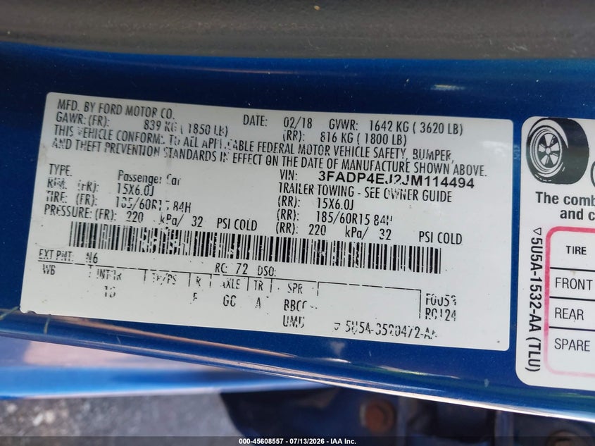 2018 Ford Fiesta Se VIN: 3FADP4EJ2JM114494 Lot: 45608557