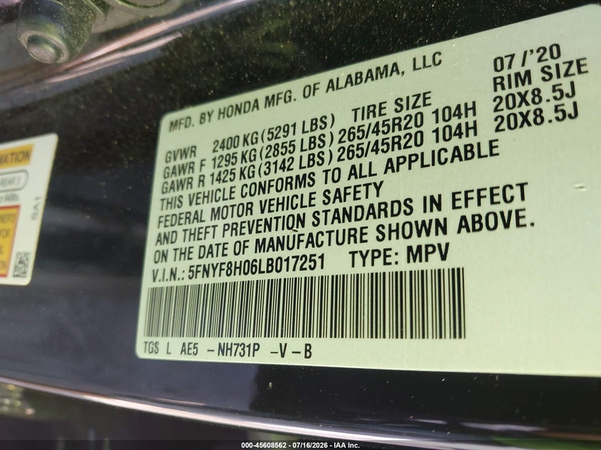 2020 Honda Passport Awd Elite VIN: 5FNYF8H06LB017251 Lot: 45608562