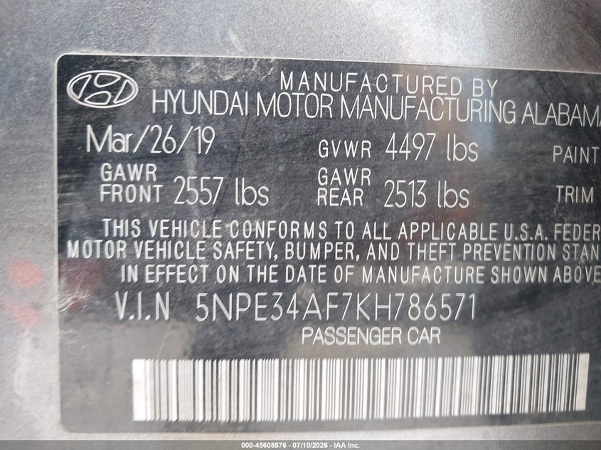 2019 Hyundai Sonata Sel VIN: 5NPE34AF7KH786571 Lot: 45608576
