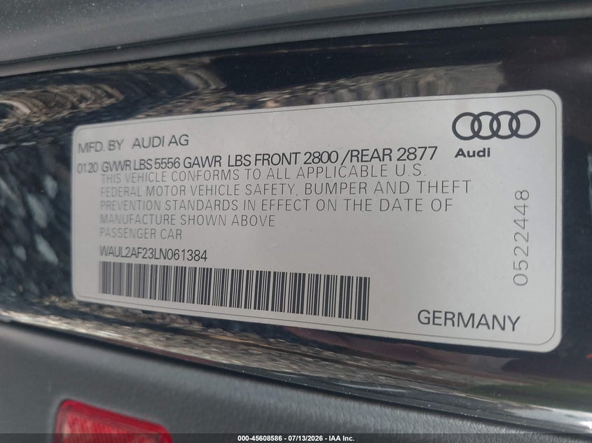 2020 Audi A6 Premium Plus 55 Tfsi Quattro S Tronic VIN: WAUL2AF23LN061384 Lot: 45608586