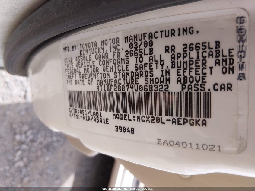 2000 Toyota Avalon Xls VIN: 4T1BF28B7YU068322 Lot: 45608637