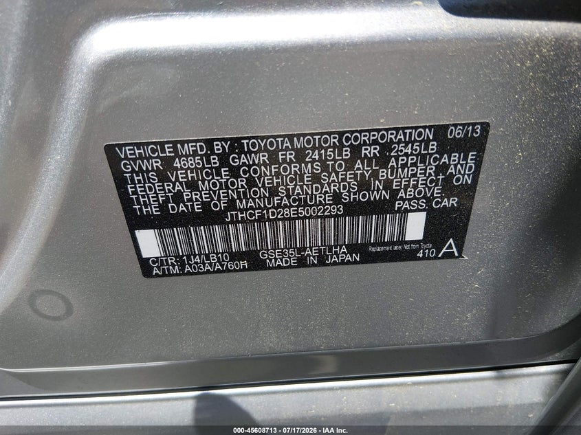 2014 Lexus Is 250 VIN: JTHCF1D28E5002293 Lot: 45608713