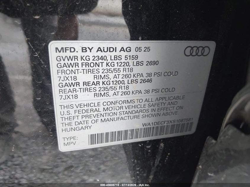 2025 Audi Q3 Premium 45 Tfsi S Line Quattro Tiptronic VIN: WA1DECF3XS1087581 Lot: 45608715