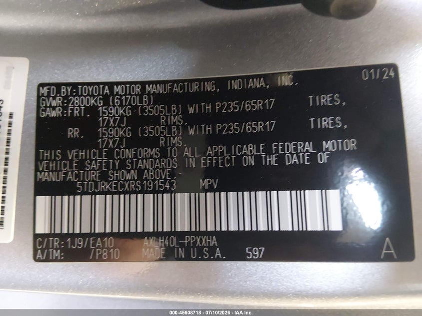 2024 Toyota Sienna Xle VIN: 5TDJRKECXRS191543 Lot: 45608718