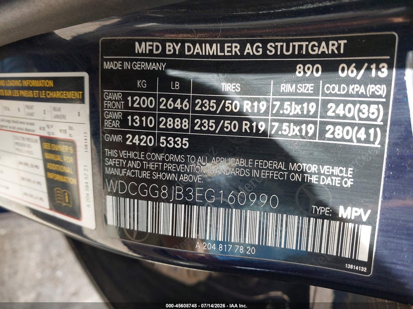2014 Mercedes-Benz Glk 350 4Matic VIN: WDCGG8JB3EG160990 Lot: 45608748
