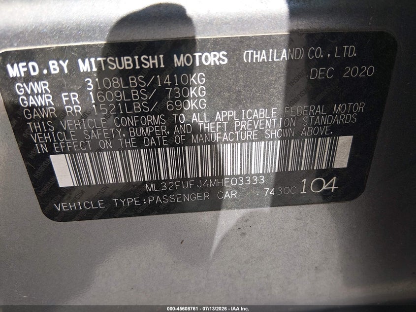 2021 Mitsubishi Mirage G4 Carbonite Edition/Es/Le VIN: ML32FUFJ4MHF03333 Lot: 45608761