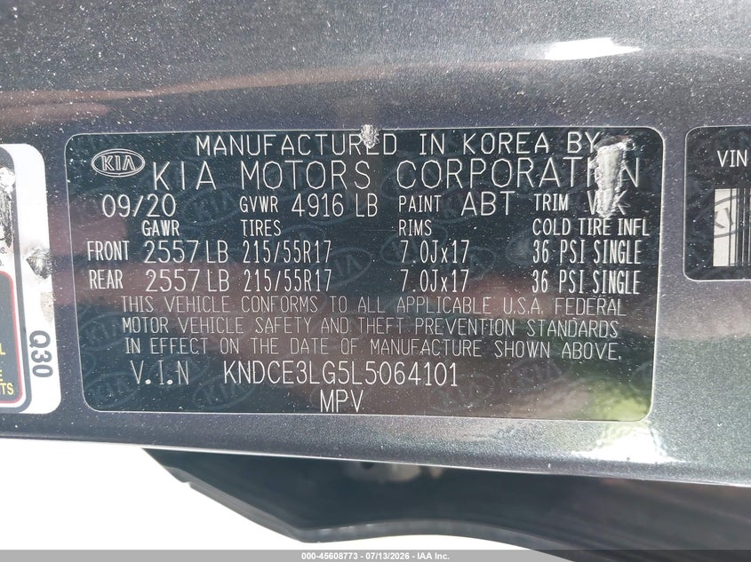 2020 Kia Niro Ev Ex Premium VIN: KNDCE3LG5L5064101 Lot: 45608773