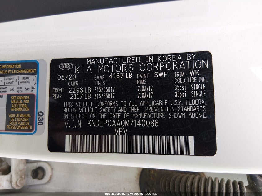 2021 Kia Seltos Lx VIN: KNDEPCAA0M7140086 Lot: 45608805