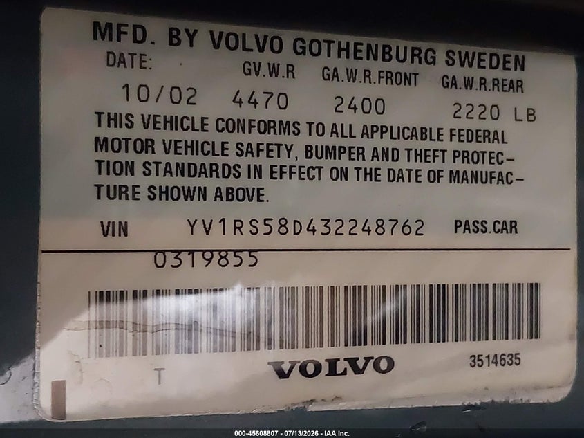 VOLVO S60 2003 VIN YV1RS58D432248762