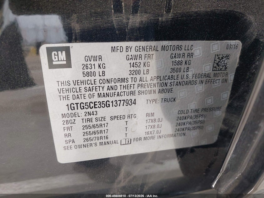 2016 GMC Canyon 2Wd Sle VIN: 1GTG5CE35G1377934 Lot: 45608810
