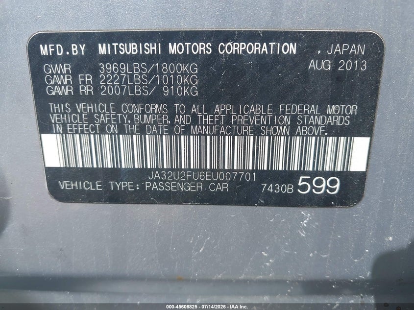 2014 Mitsubishi Lancer Es VIN: JA32U2FU6EU007701 Lot: 45608825
