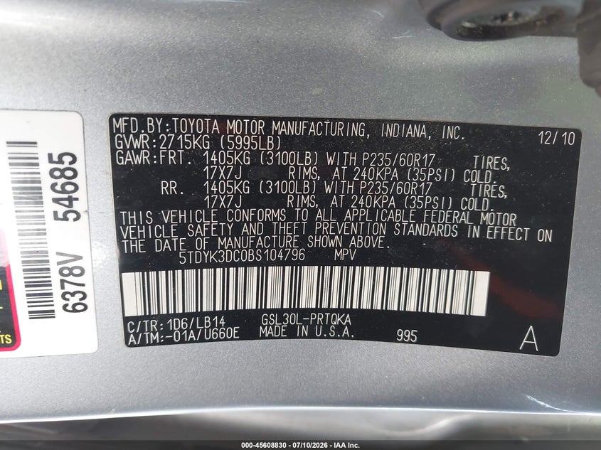 2011 TOYOTA SIENNA VAN 3.5L V-6 DOHC, VVT, 265HP