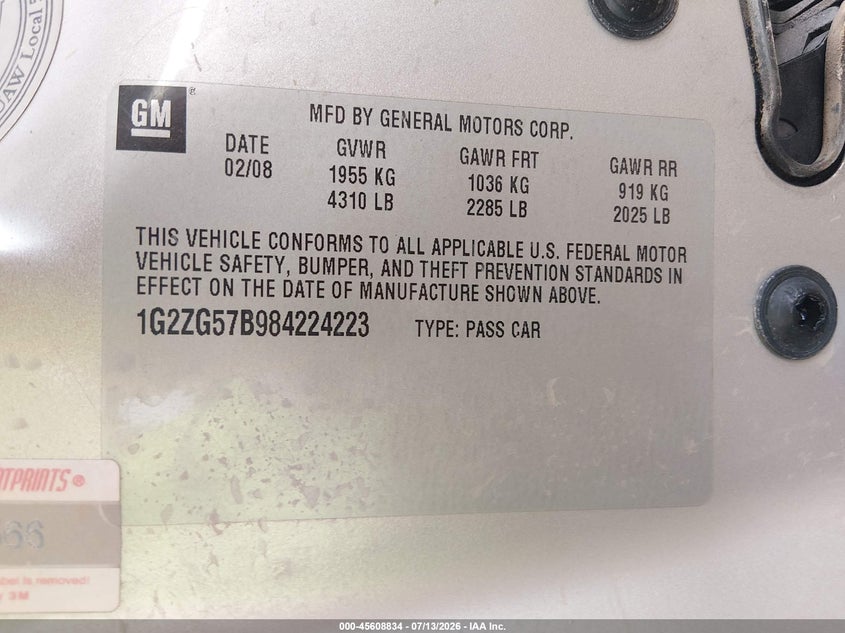 2008 Pontiac G6 VIN: 1G2ZG57B984224223 Lot: 45608834