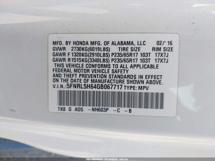 2016 Honda Odyssey Ex-L VIN: 5FNRL5H64GB067717 Lot: 45608835