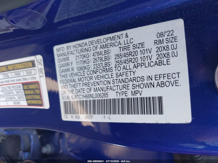 2022 Acura Rdx A-Spec Package VIN: 5J8TC1H66NL006265 Lot: 45608841