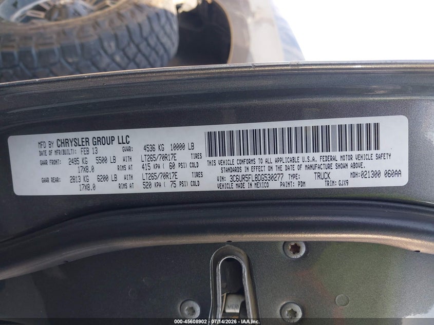 2013 Ram 2500 Laramie VIN: 3C6UR5FL8DG530277 Lot: 45608902
