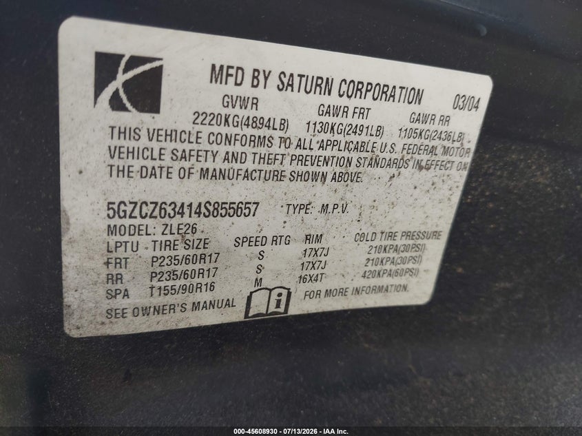 2004 Saturn Vue V6 VIN: 5GZCZ63414S855657 Lot: 45608930