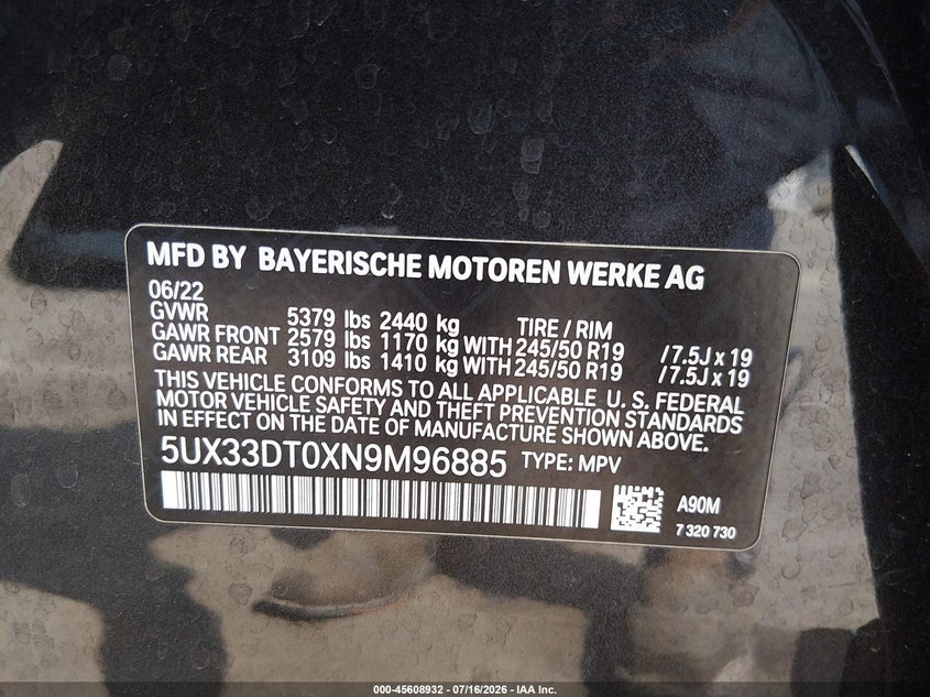2022 BMW X4 xDrive30I VIN: 5UX33DT0XN9M96885 Lot: 45608932