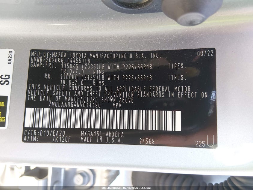 2022 Toyota Corolla Cross Xle VIN: 7MUEAABG4NV014190 Lot: 45608950