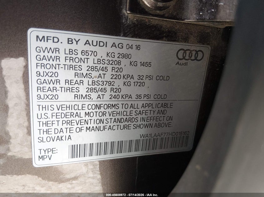 2017 Audi Q7 3.0T Premium VIN: WA1LAAF77HD015162 Lot: 45608972