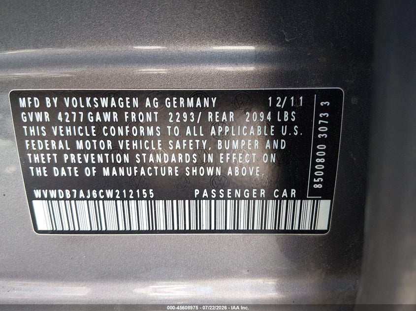 VOLKSWAGEN GOLF 2012 VIN WVWDB7AJ6CW212155