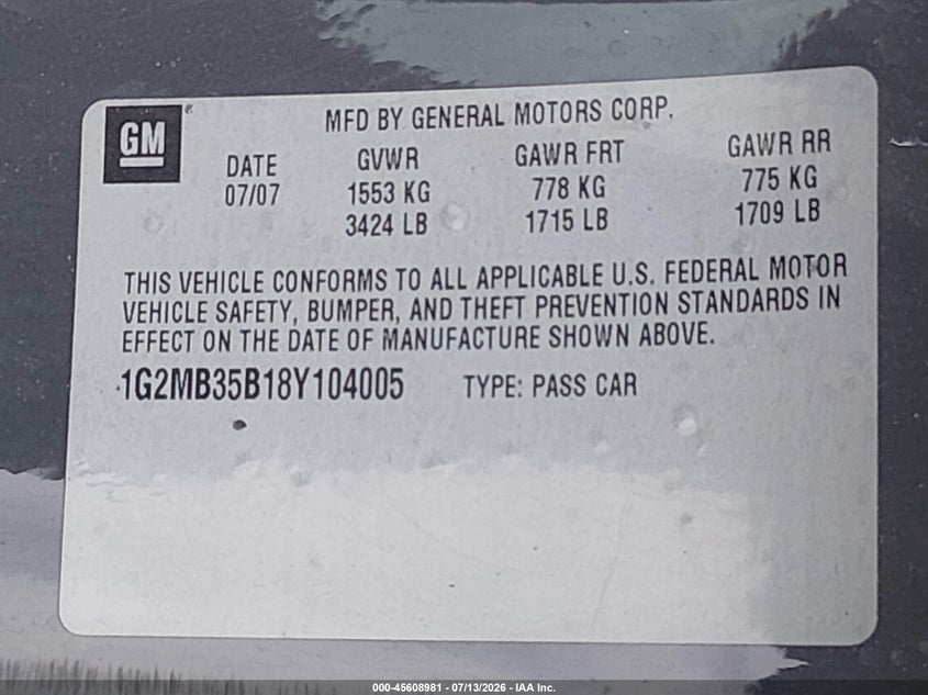 2008 Pontiac Solstice VIN: 1G2MB35B18Y104005 Lot: 45608981