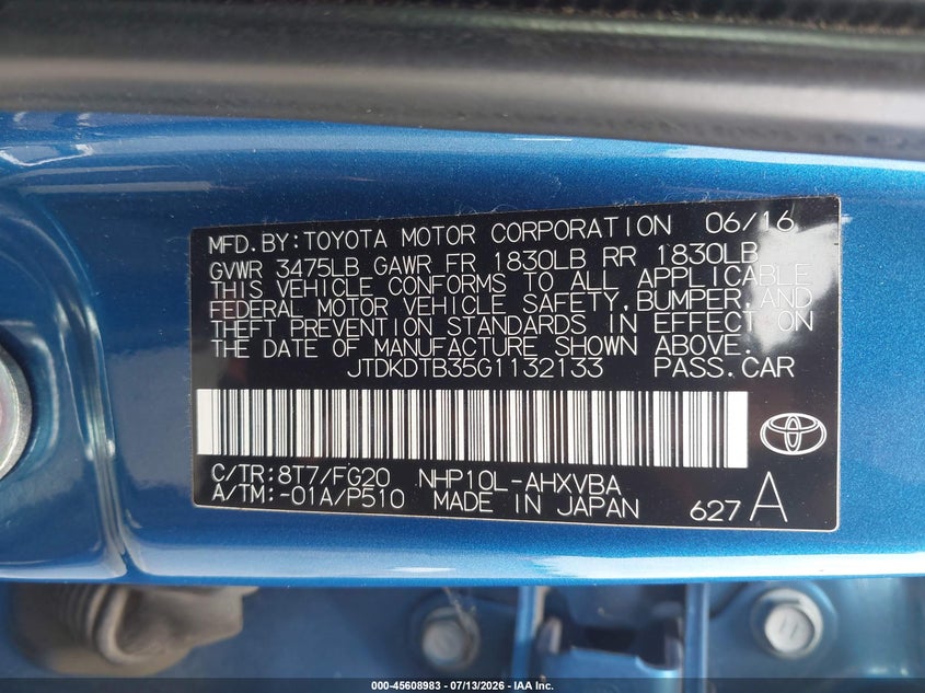 2016 Toyota Prius C Two VIN: JTDKDTB35G1132133 Lot: 45608983