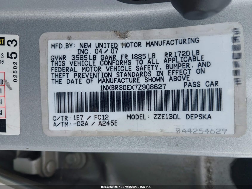 2007 Toyota Corolla S VIN: 1NXBR30EX7Z908627 Lot: 45608997