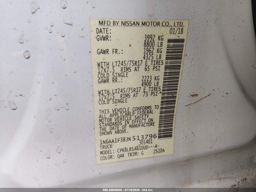 2018 Nissan Titan Xd S Gas VIN: 1N6AA1F38JN513796 Lot: 45609000
