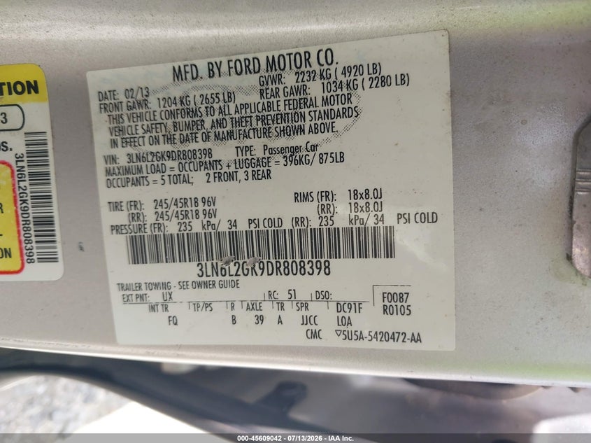 2013 Lincoln Mkz VIN: 3LN6L2GK9DR808398 Lot: 45609042