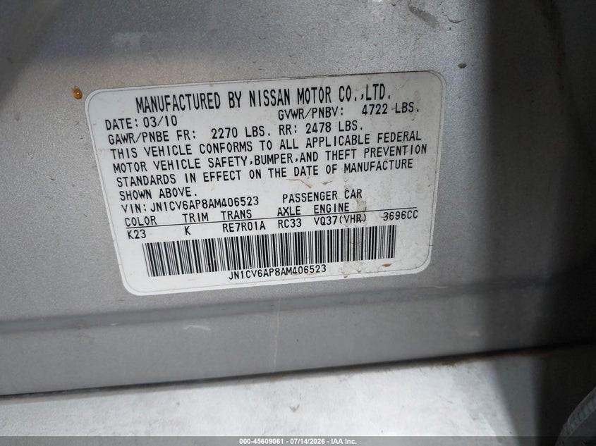 2010 Infiniti G37 Journey VIN: JN1CV6AP8AM406523 Lot: 45609061