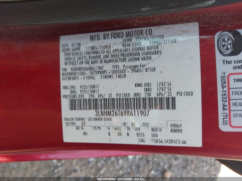2009 Lincoln Mkz VIN: 3LNHM26T69R611907 Lot: 45609064