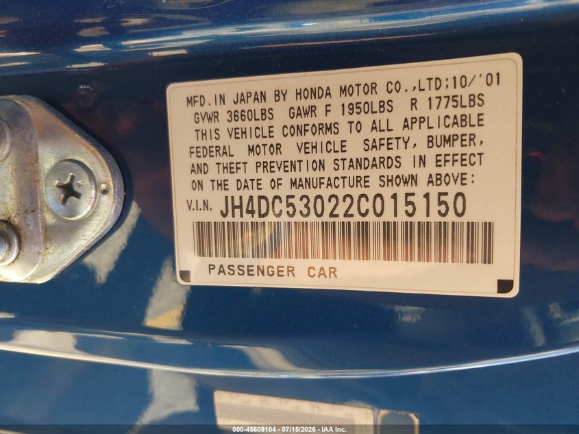 2002 Acura Rsx Type S VIN: JH4DC53022C015150 Lot: 45609104