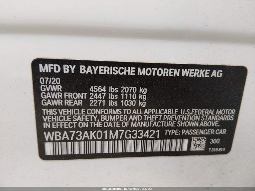 2021 BMW 228I Gran Coupe xDrive VIN: WBA73AK01M7G33421 Lot: 45609106