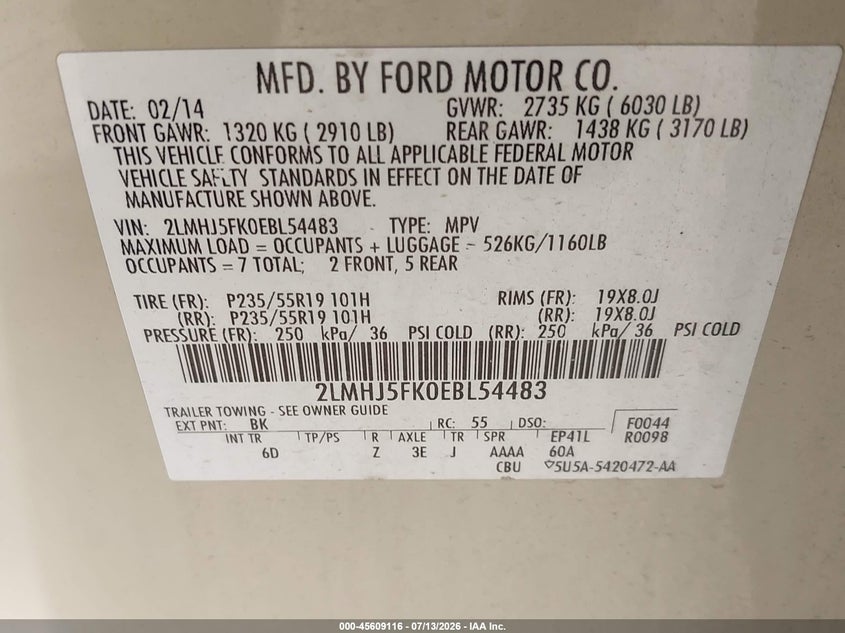 2014 Lincoln Mkt VIN: 2LMHJ5FK0EBL54483 Lot: 45609116