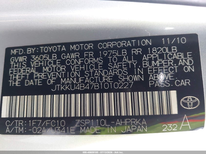 2011 Scion Xd VIN: JTKKU4B47B1010227 Lot: 45609185